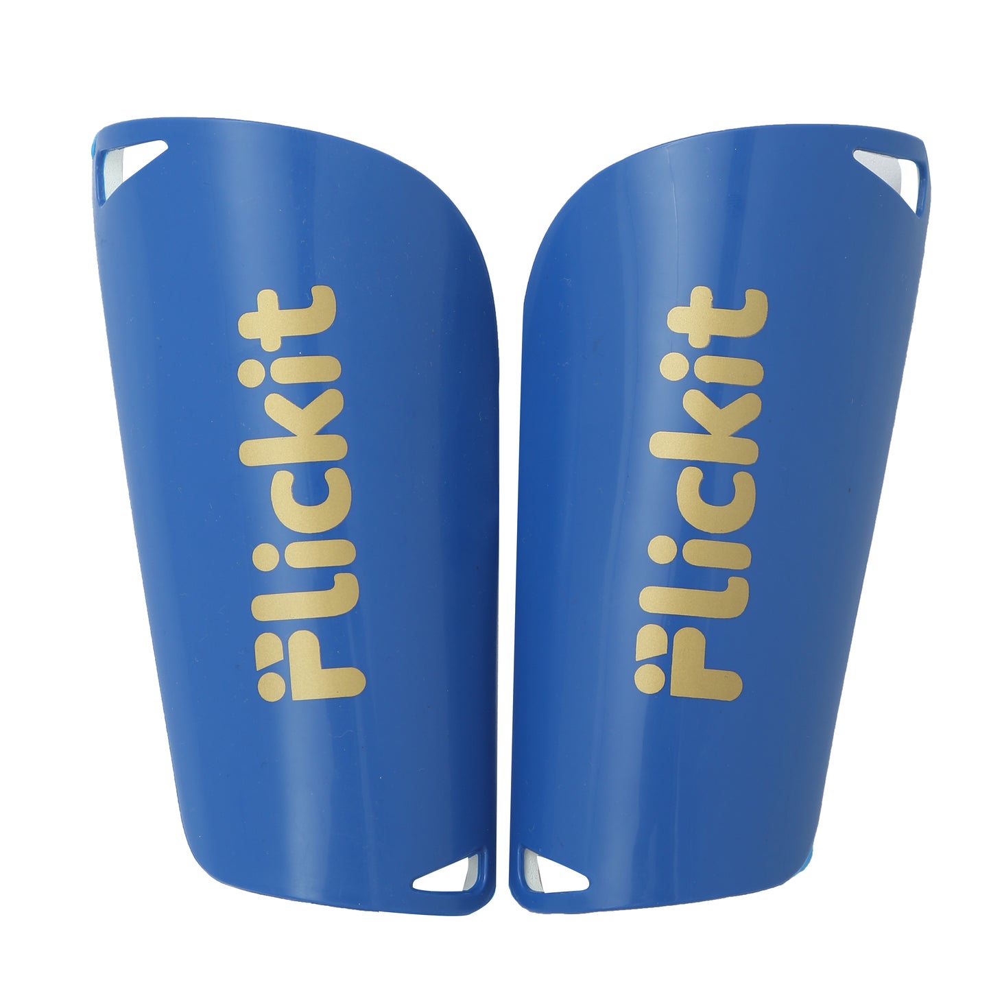 Blue shin guards with 'Plickit' branding on a white background
