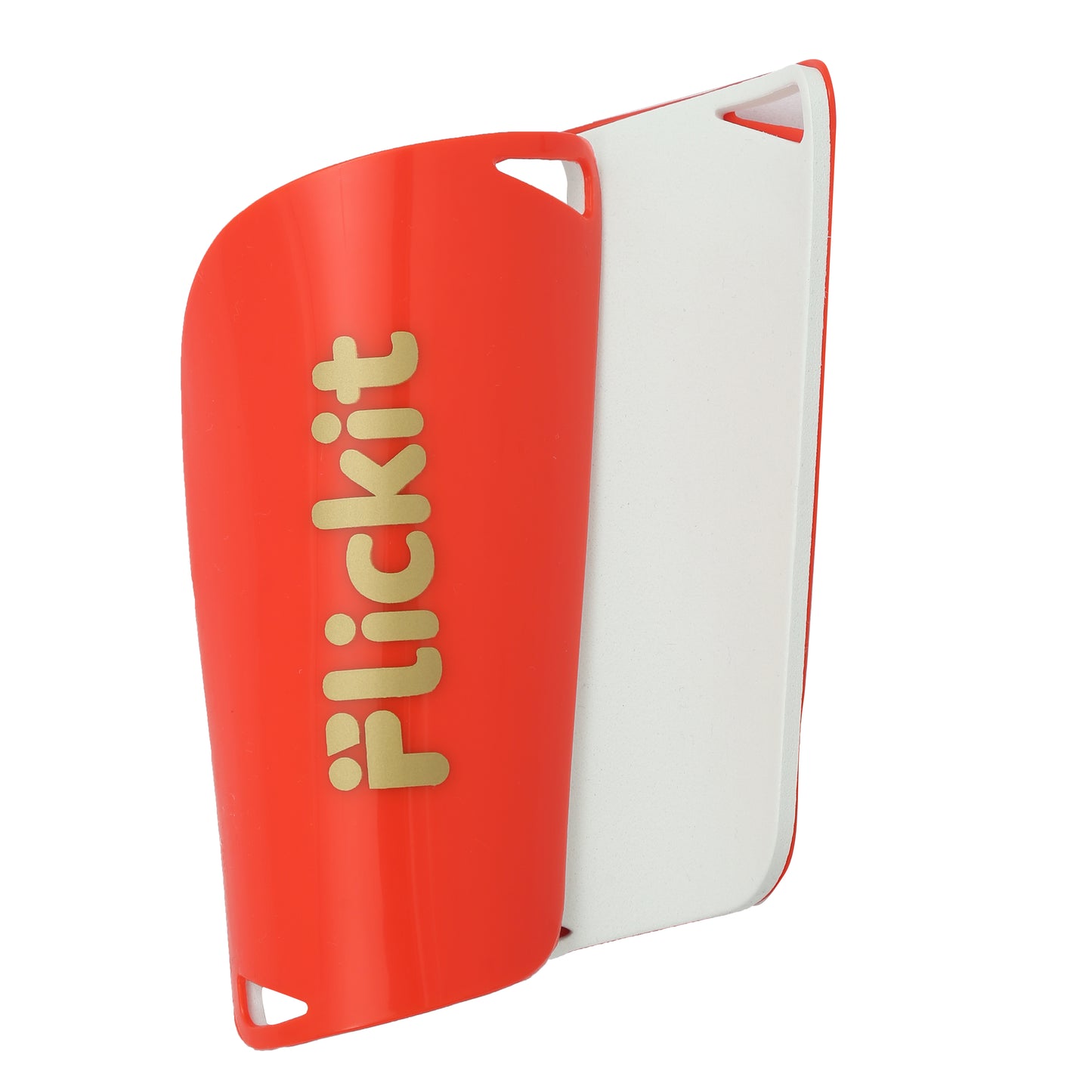 Red and white shin guard with 'Flickit' branding on a white background
