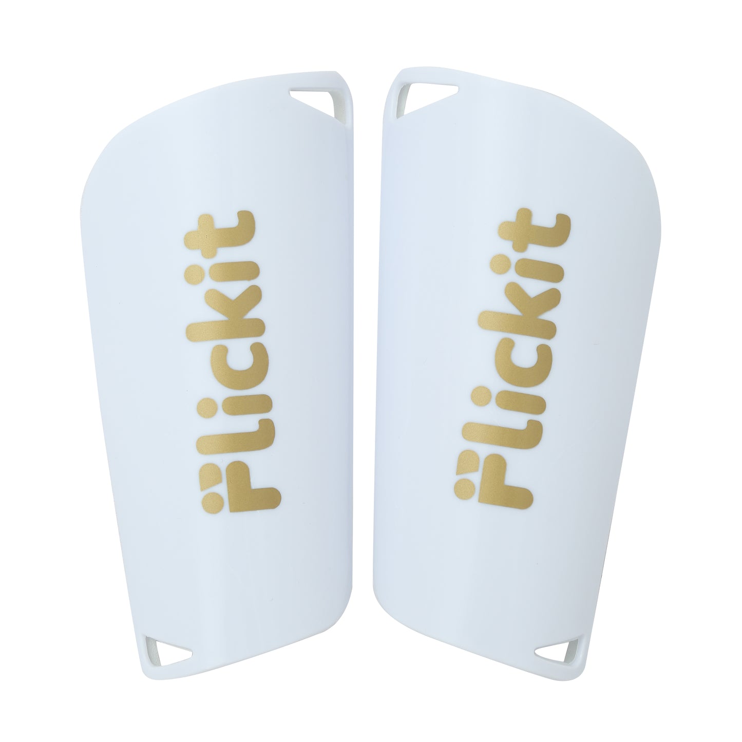 White shin guards with 'Flickit' branding on a white background