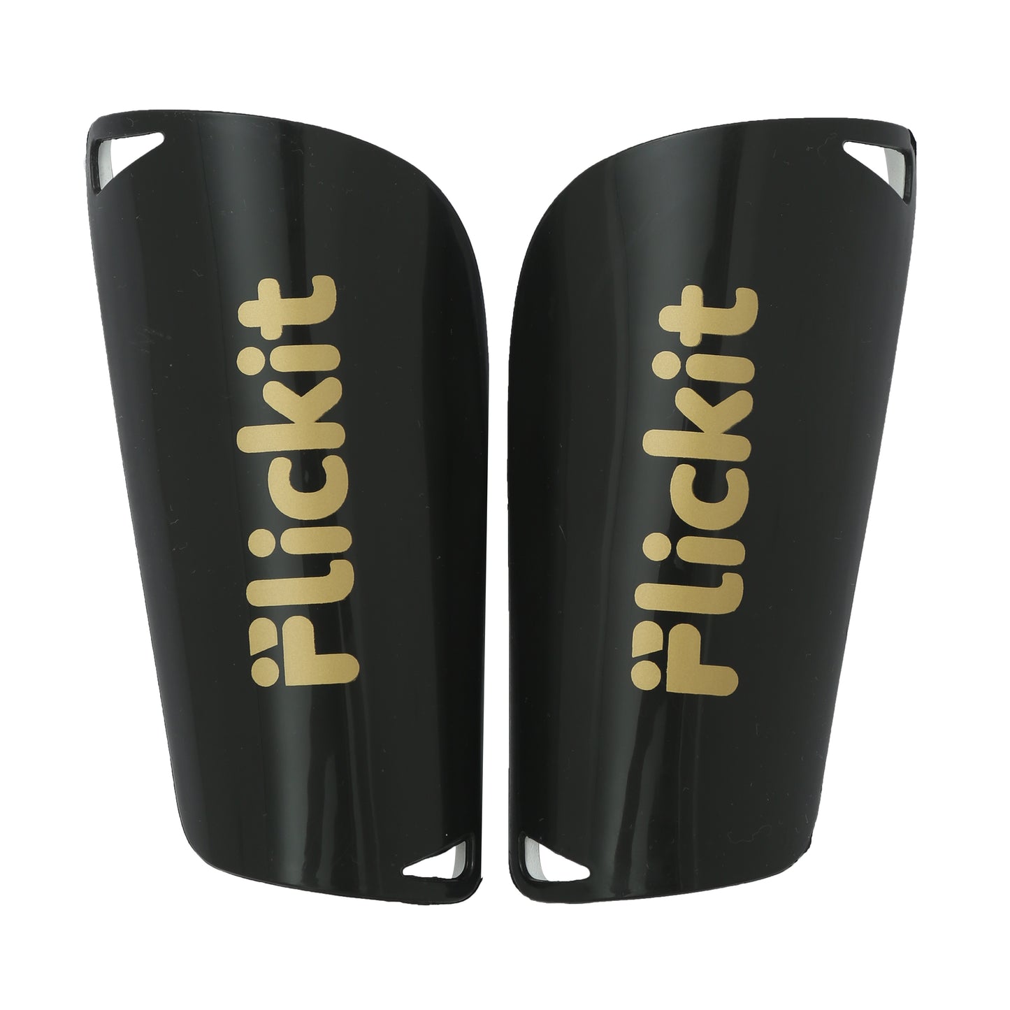 Black shin guards with 'Flickit' branding on a white background
