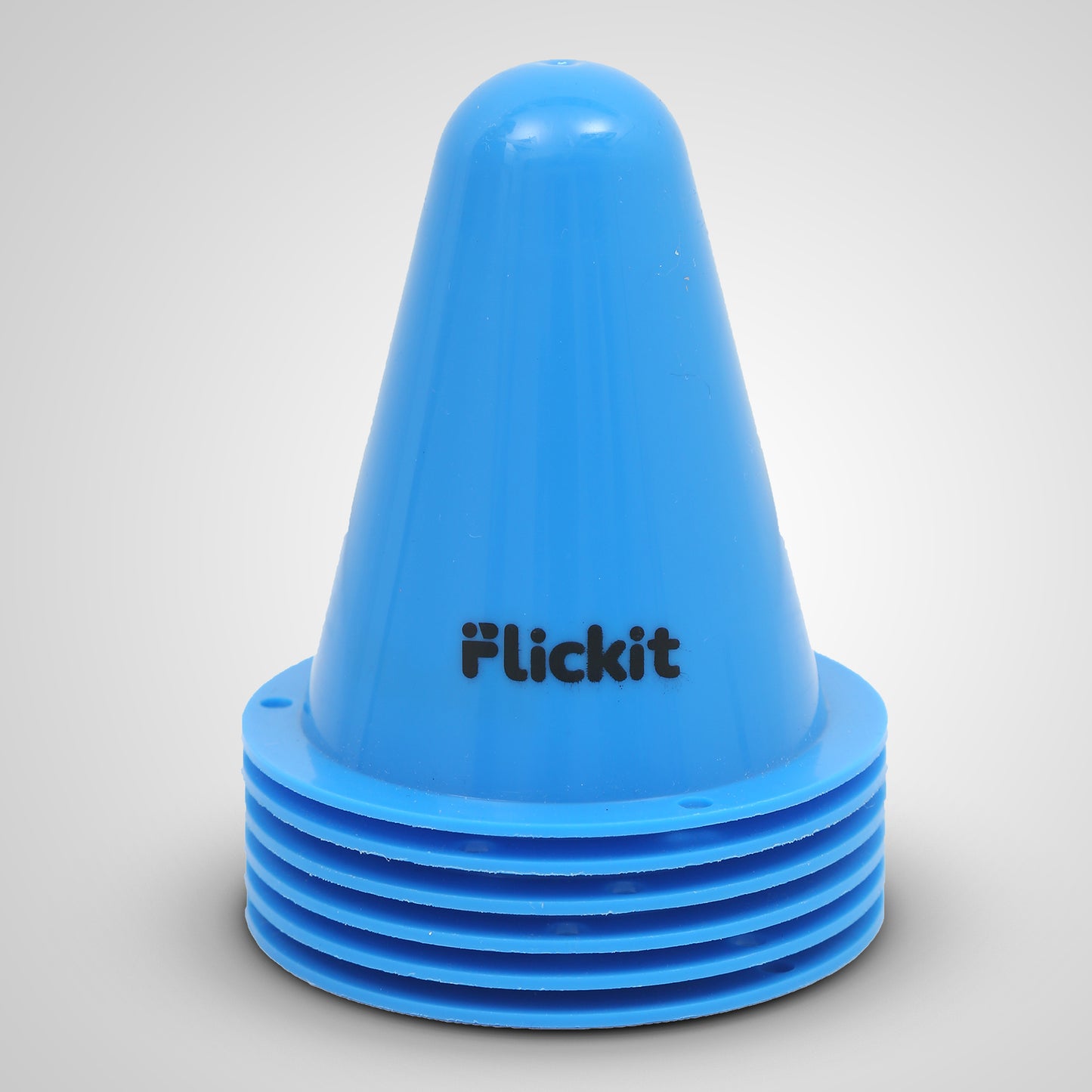 Blue plastic cone with 'Flickit' branding on a gray background