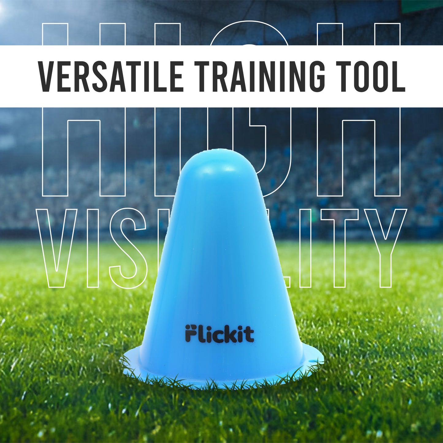 Blue training cone on grass with 'Flickit' branding and text about versatility and visibility.