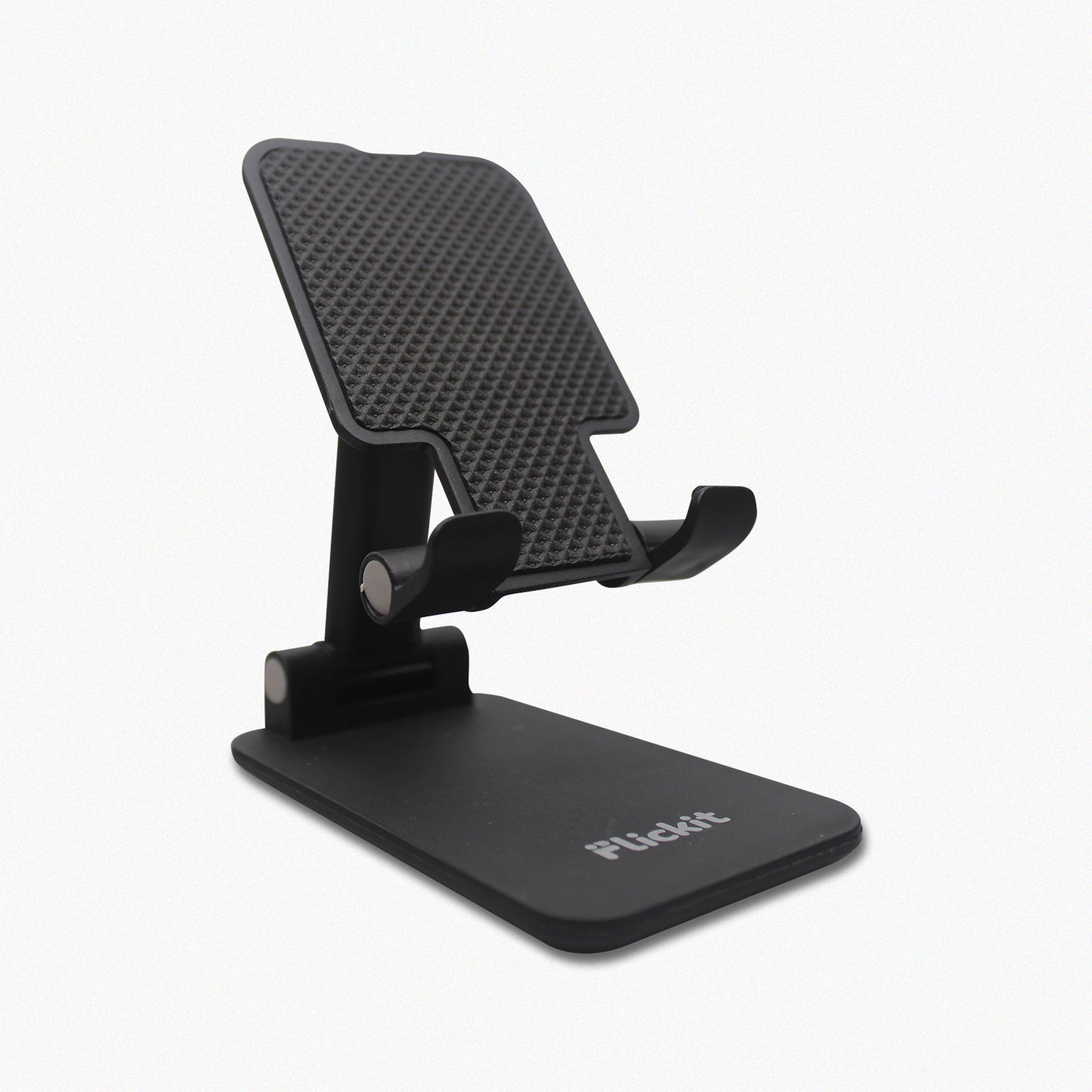 Black adjustable phone stand on a white background