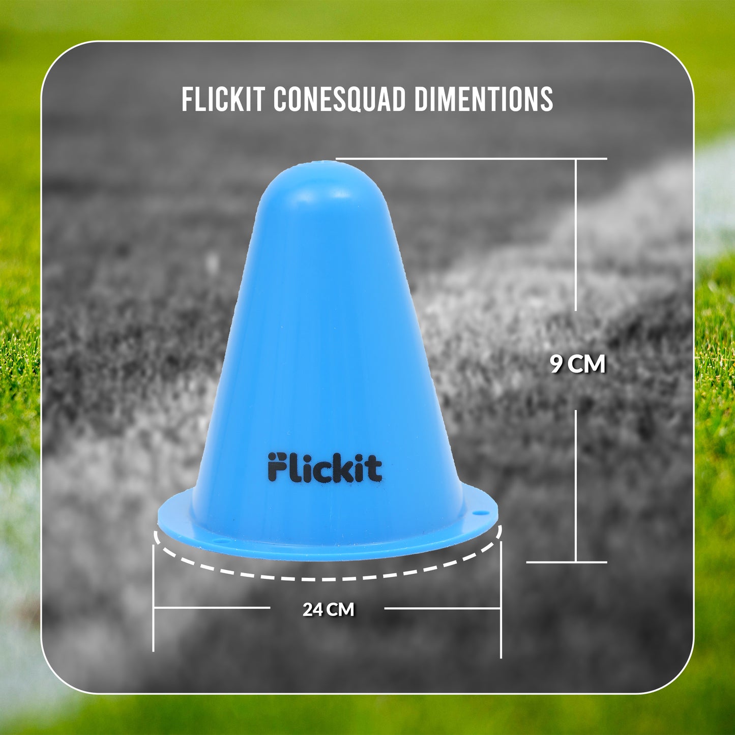 Blue Flickit cone with dimensions on a grass background
