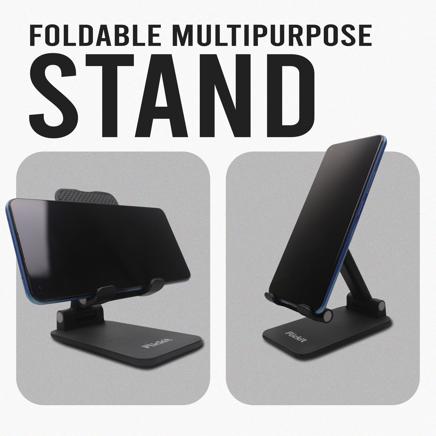 Foldable multipurpose stand with smartphone and tablet on a gray background
