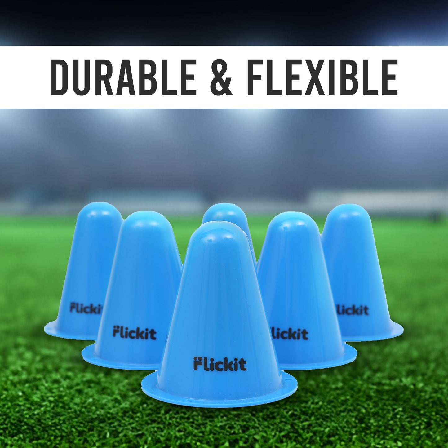 Blue plastic cones with 'Flickit' branding on a grass field, labeled as durable and flexible.