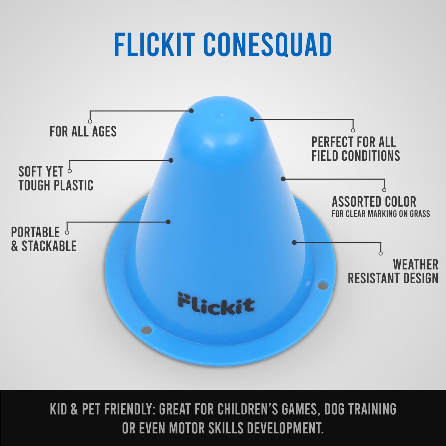 Blue plastic cone with features listed on a white background