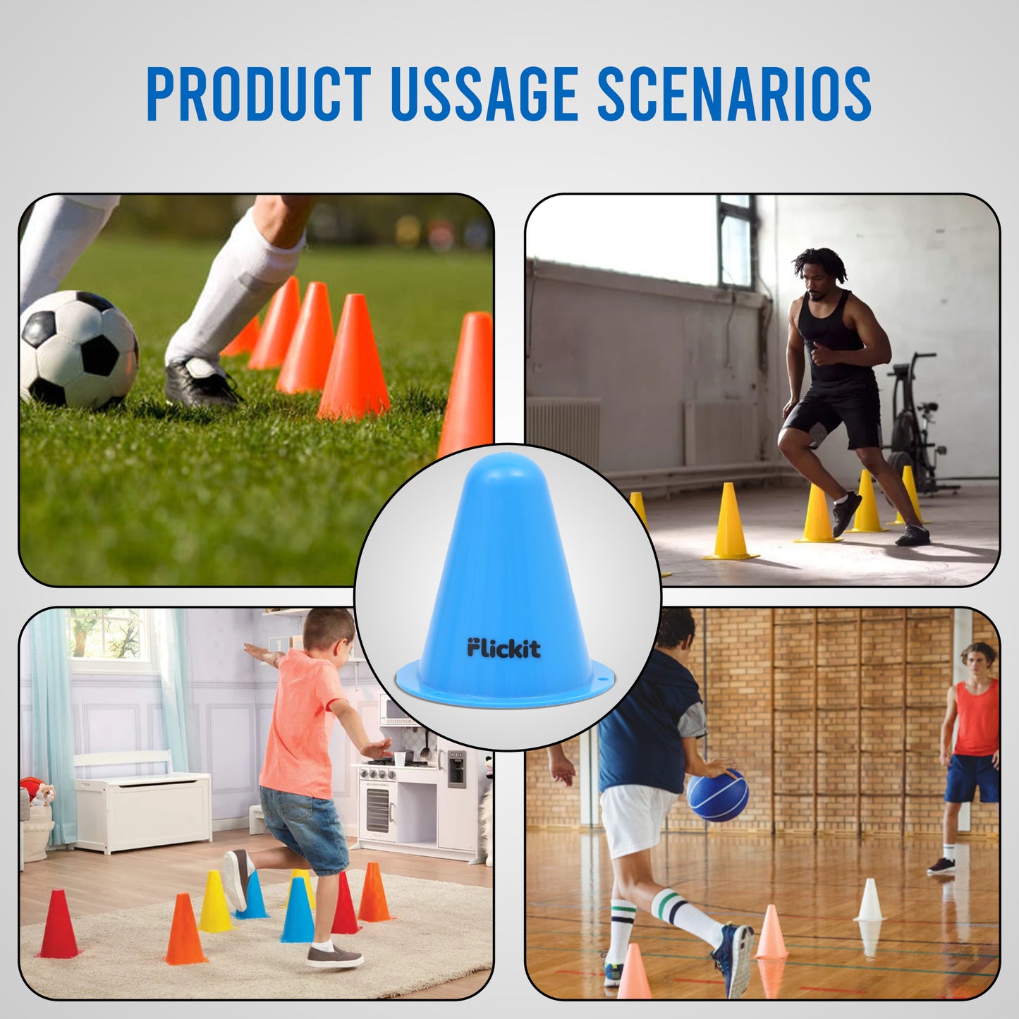 Collage of product usage scenarios with Flickit cones, including sports training and indoor play.