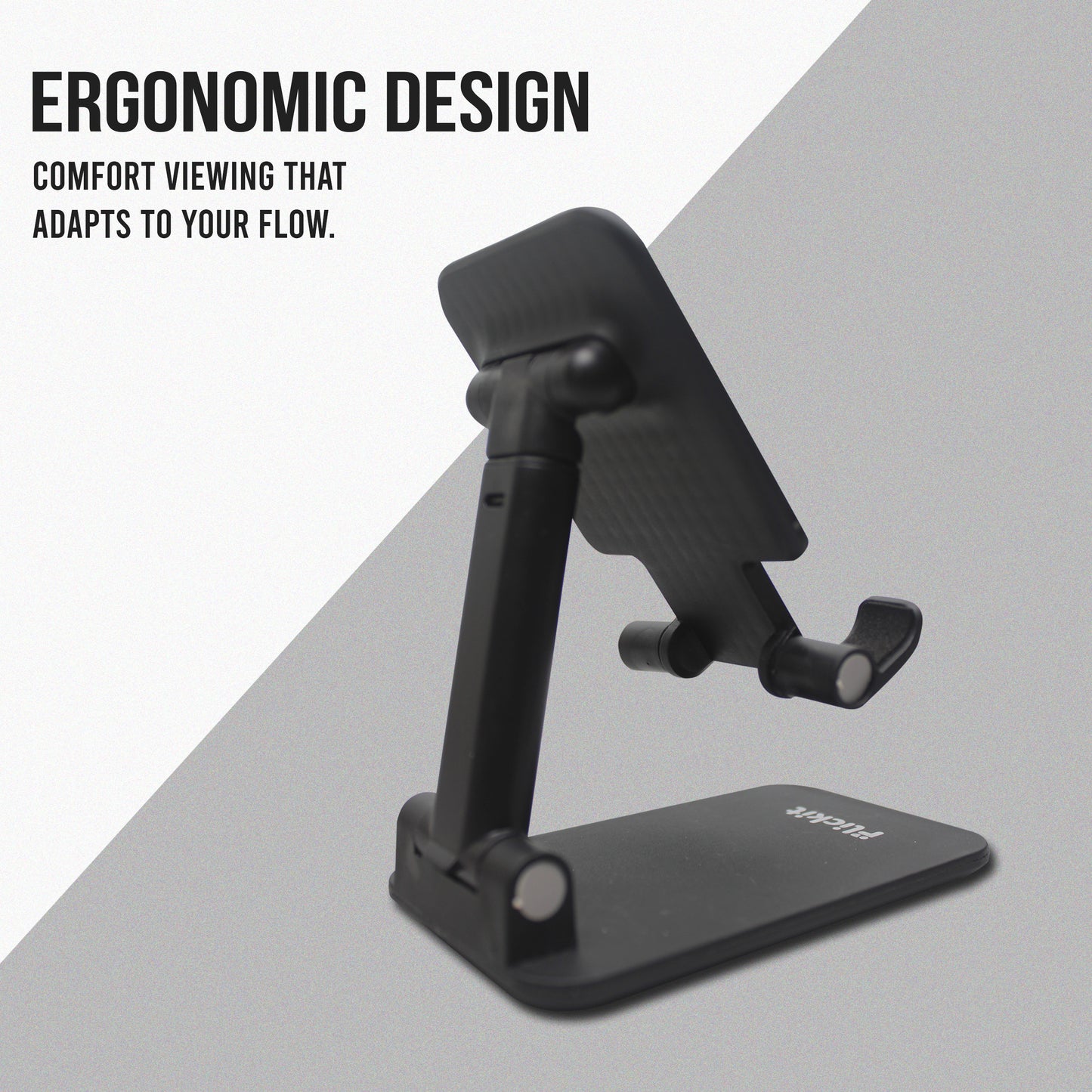 Black ergonomic phone stand on a gray background with text about comfort viewing.