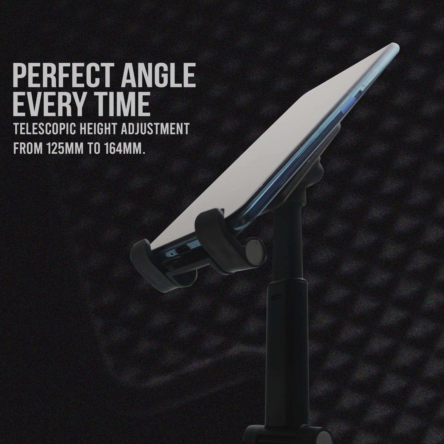 Phone holder with telescopic height adjustment feature on a dark textured background
