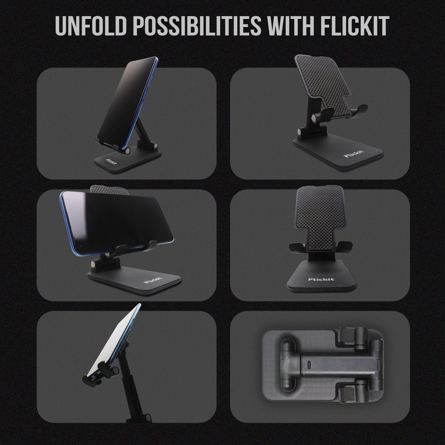 Collage of phone stands with Flickit branding on a dark background
