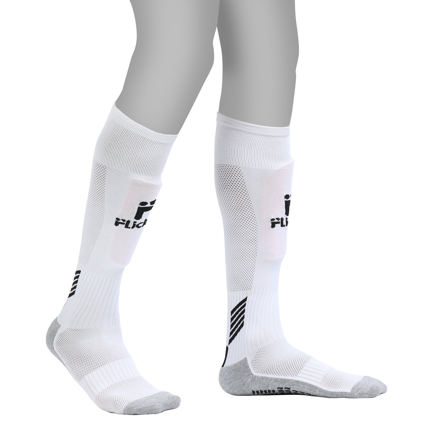 White socks with black logo on a white background