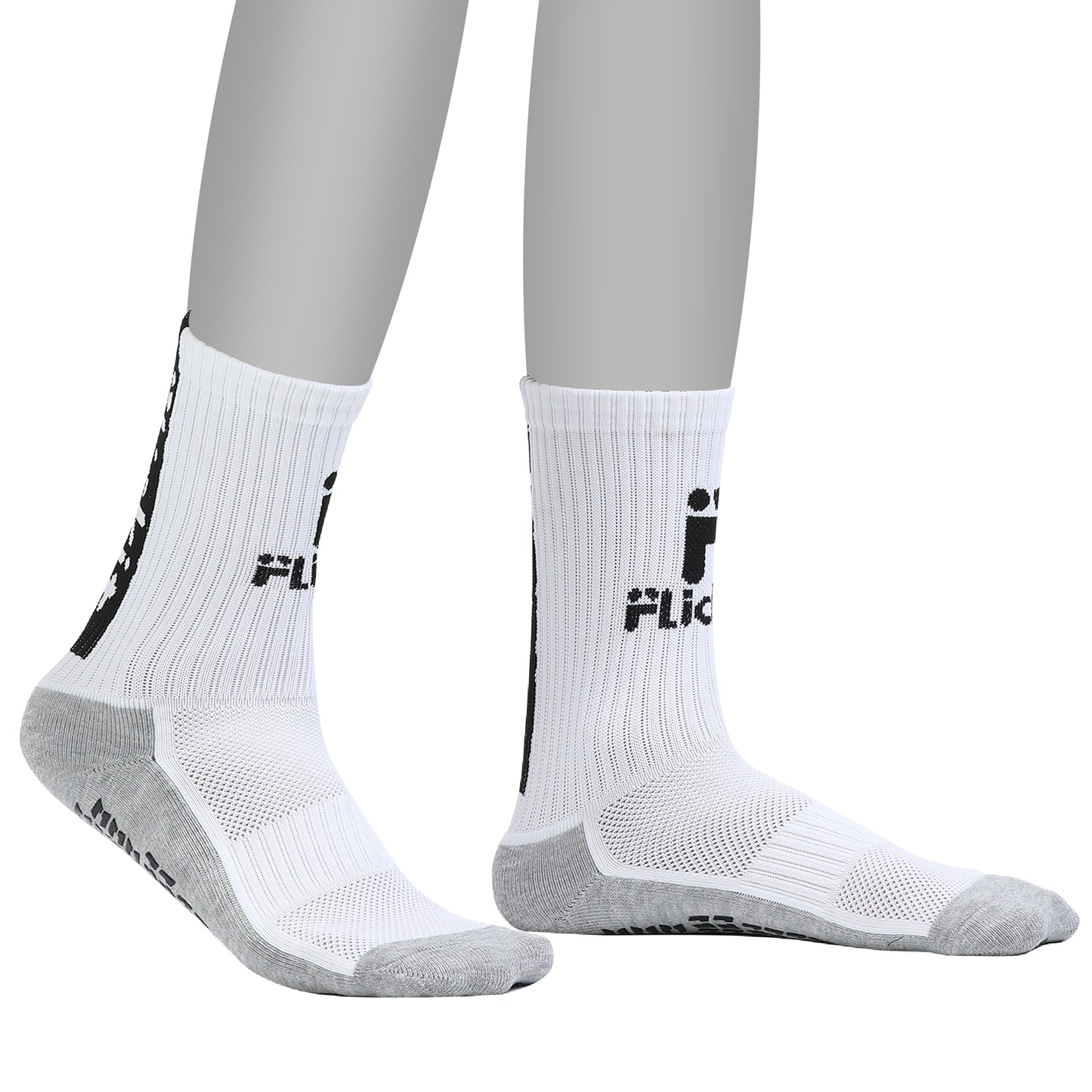 White socks with black logo worn by a person on a white background