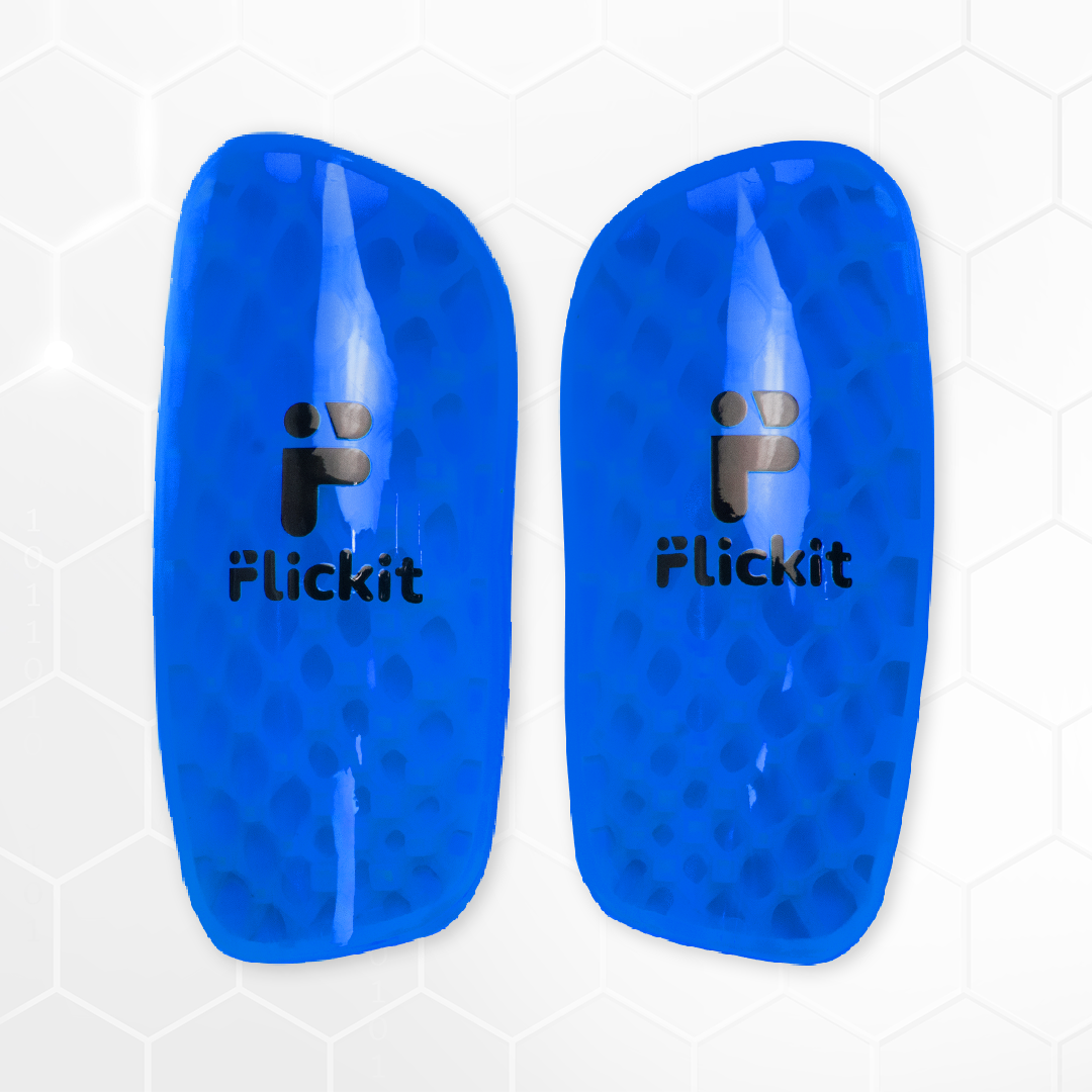 Pair of blue shin guards with 'Flickit' branding on a white background