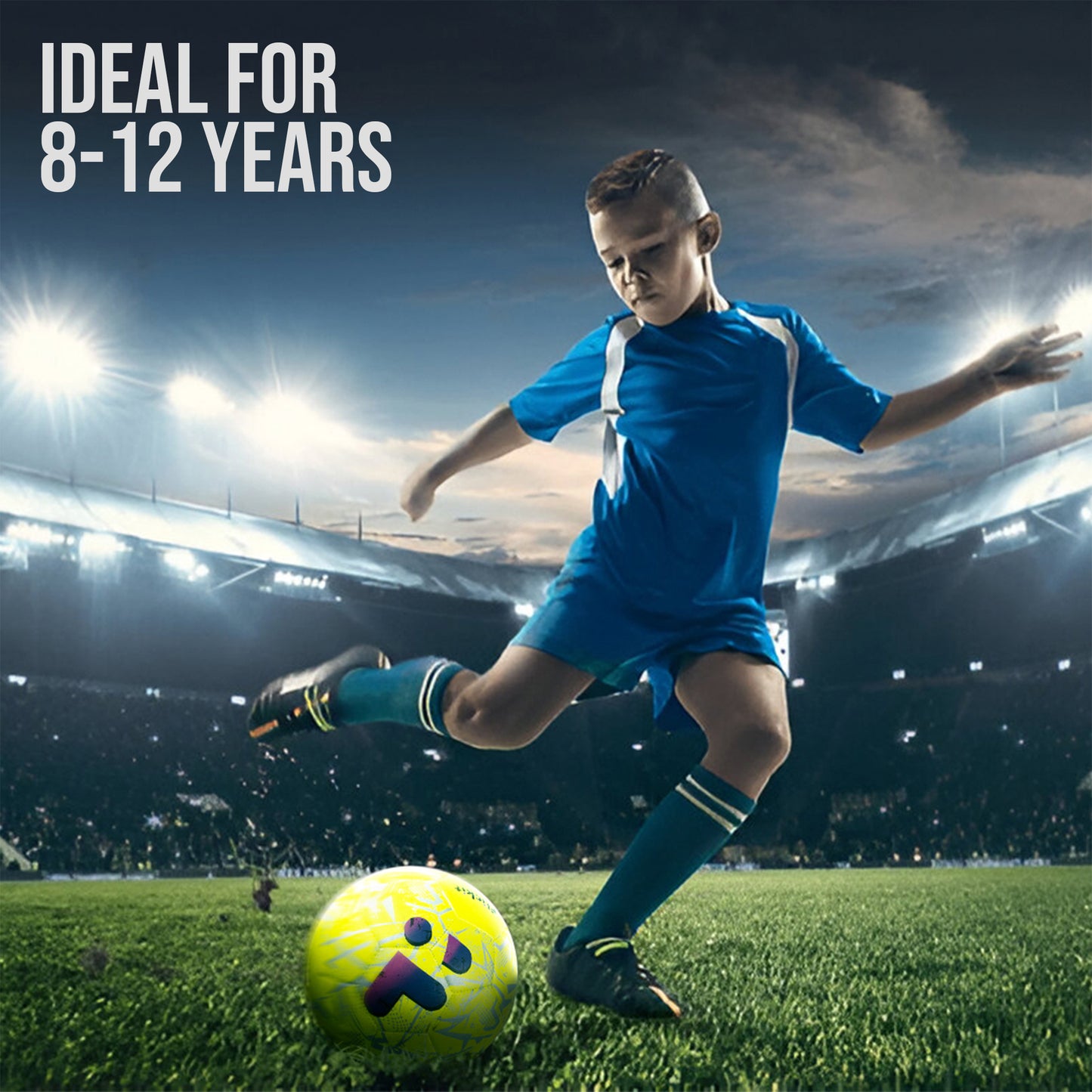 Child in blue soccer uniform kicking a yellow soccer ball on a stadium field with 'Ideal for 8-12 years' text.