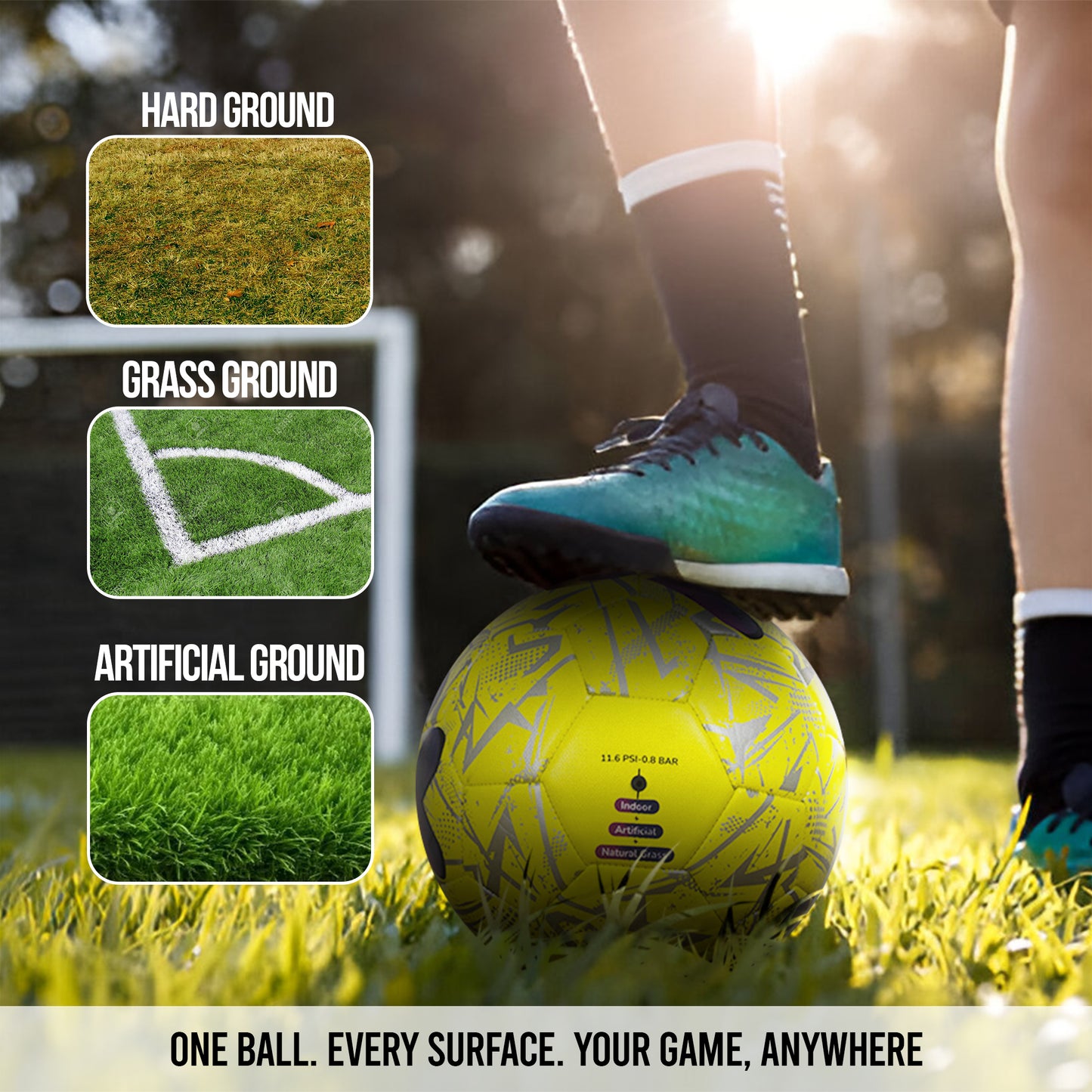 Yellow smart football with brand logo on a gray background, featuring text about AI-powered technology.
