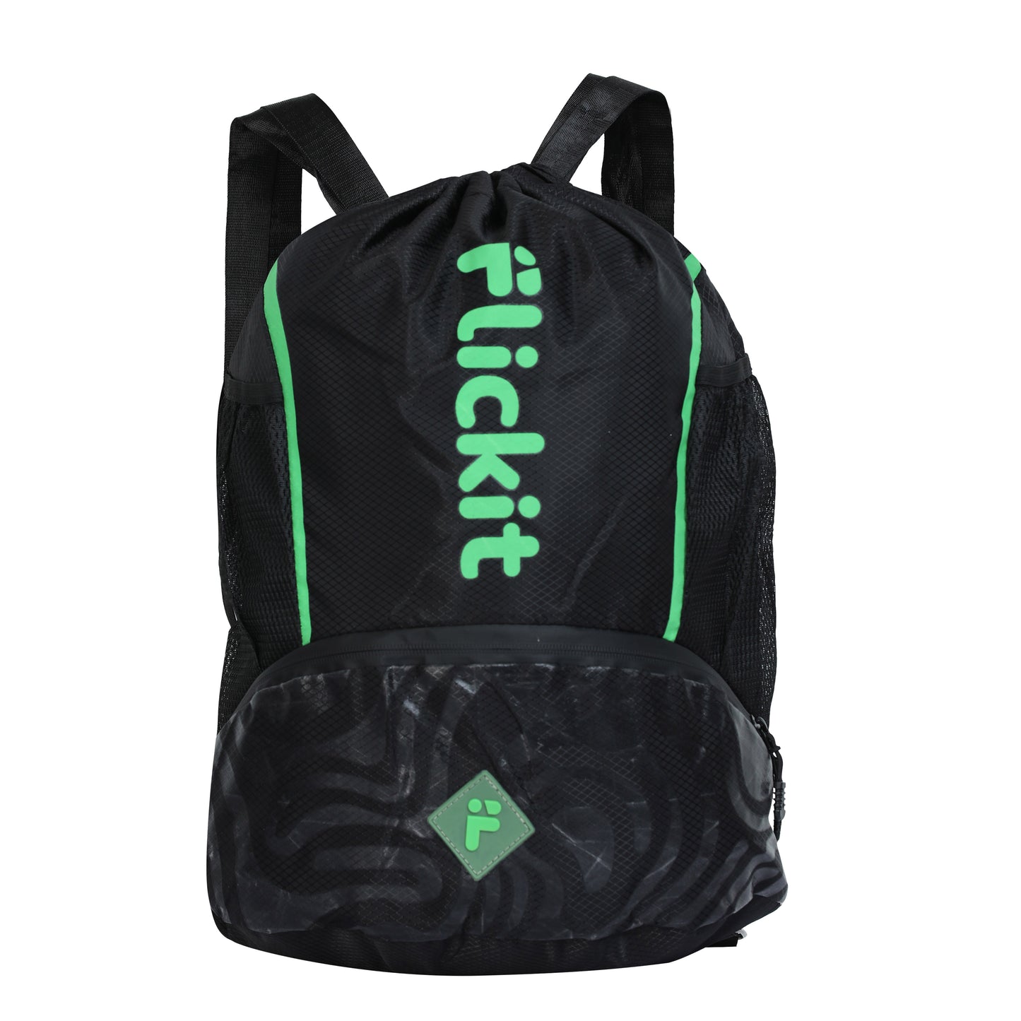Black backpack with green accents and 'Flickit' branding on a white background