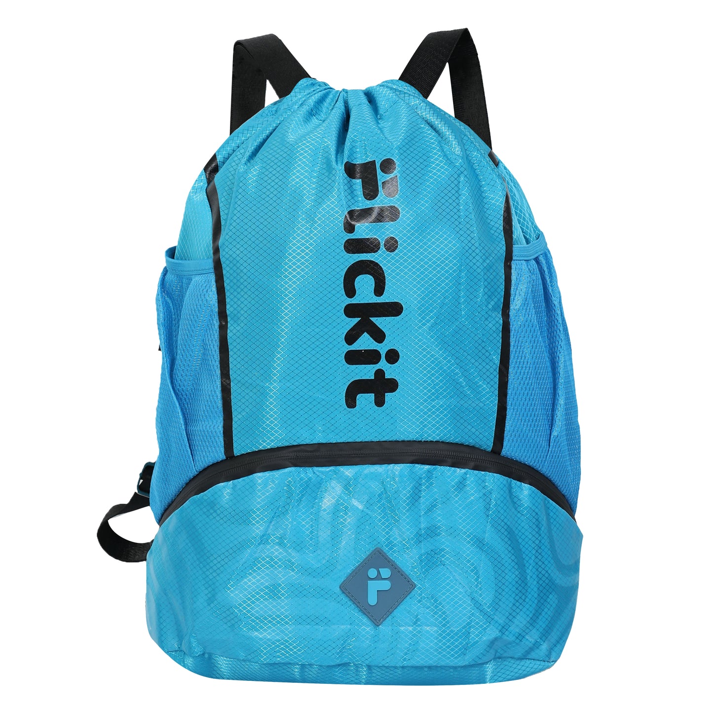 Blue backpack with black straps and 'Flickit' branding on a white background