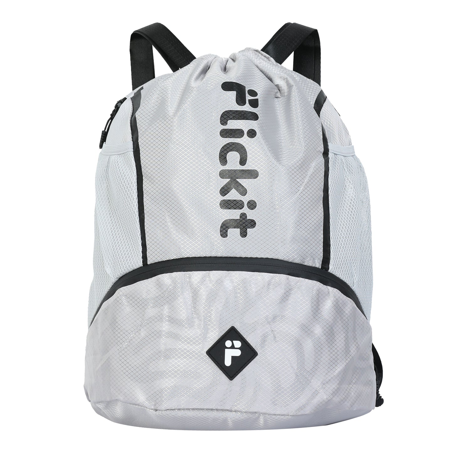 White drawstring backpack with black straps and 'Flickit' branding on a white background