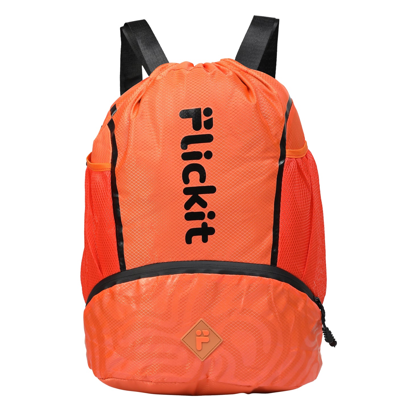 Orange backpack with black straps and 'Flickit' branding on a white background