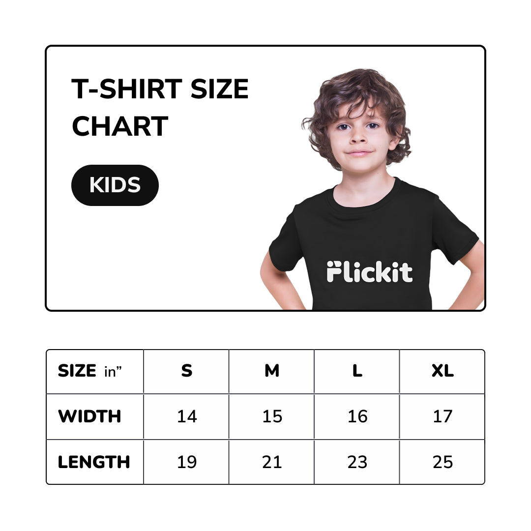 A child wearing a black Flickit branded kids T-shirt.