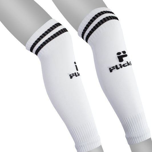 White knee-high socks with black stripes and visible branding on a white background