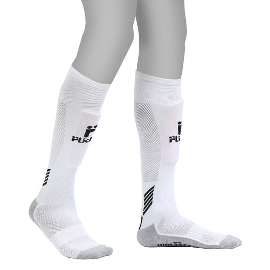 White socks with black logo on a white background