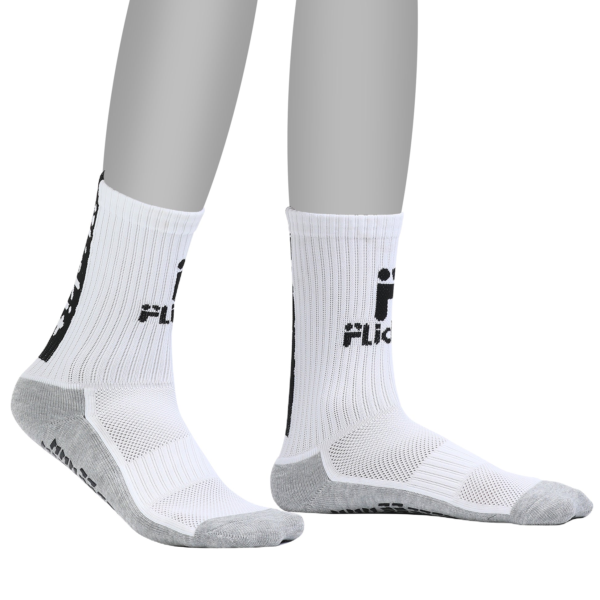 White socks with black logo worn by a person on a white background