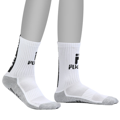 White socks with black logo worn by a person on a white background