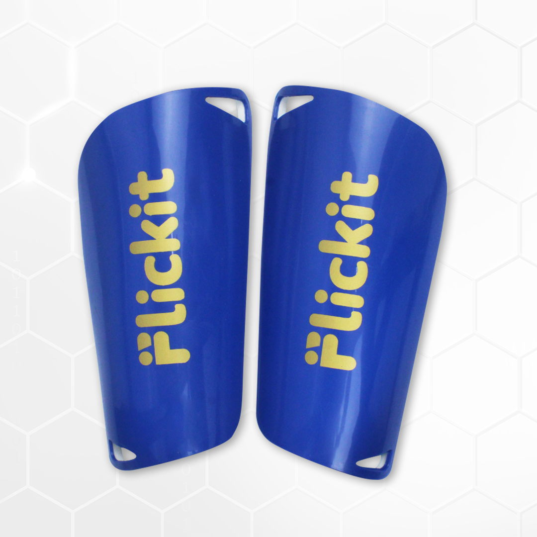 Blue shin guards with 'Flickit' branding on a white background