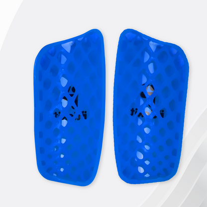 Pair of blue shin guards on a white background