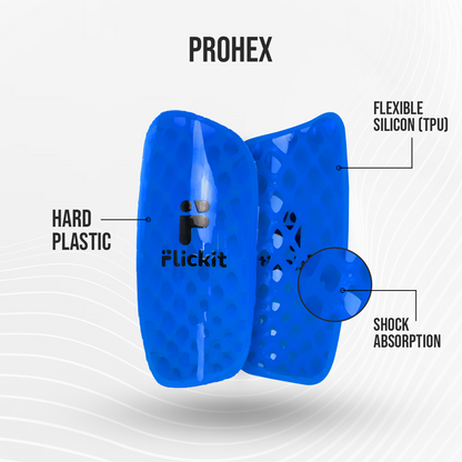 Blue shin guard with Flickit branding and text labels on a white background