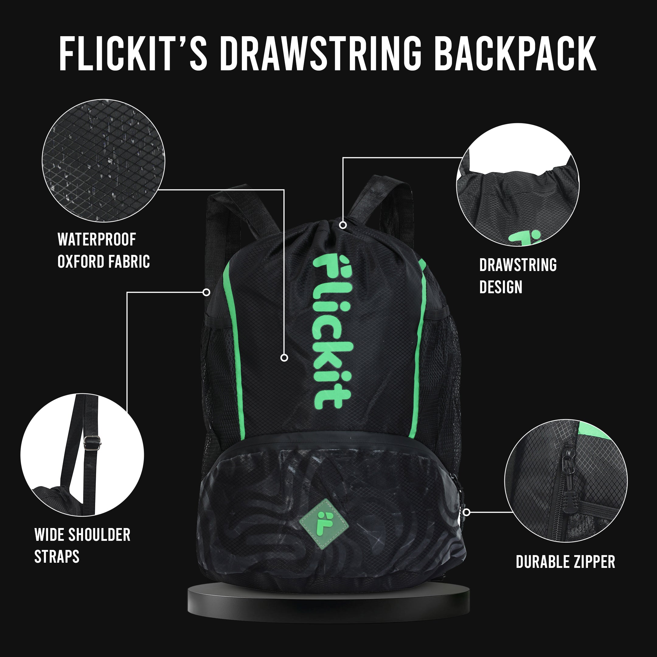 Black drawstring backpack with green accents featuring the brand 'Flickit' on a black background.
