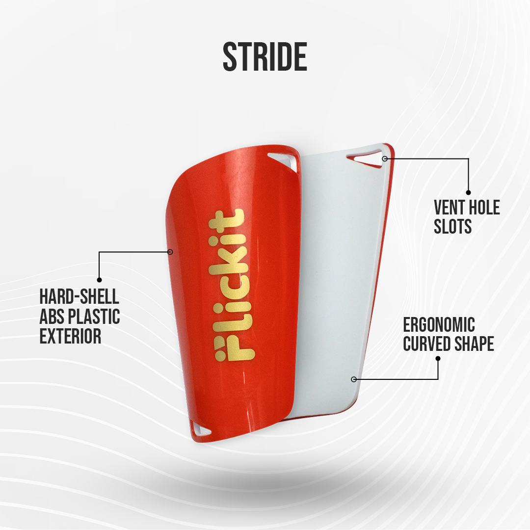 Red and white shin guard with 'Flickit' branding on a white background