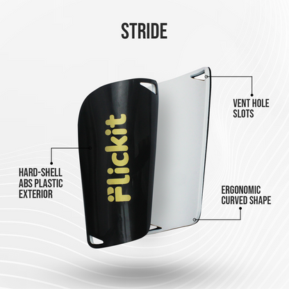 Flickit shin guards with features highlighted on a white background