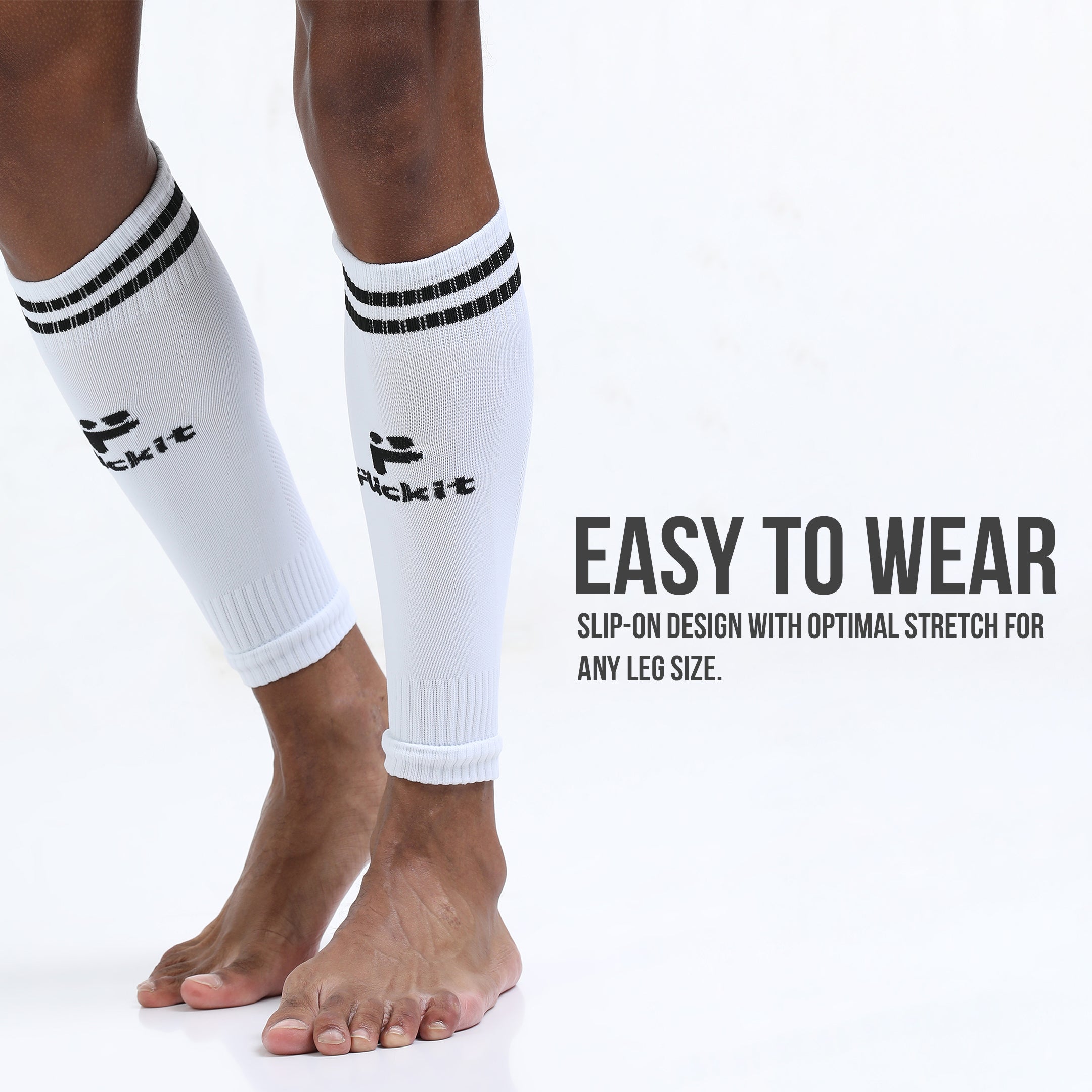 White knee-high socks with black stripes worn by a person on a white background, featuring text about the socks' ease of wear.