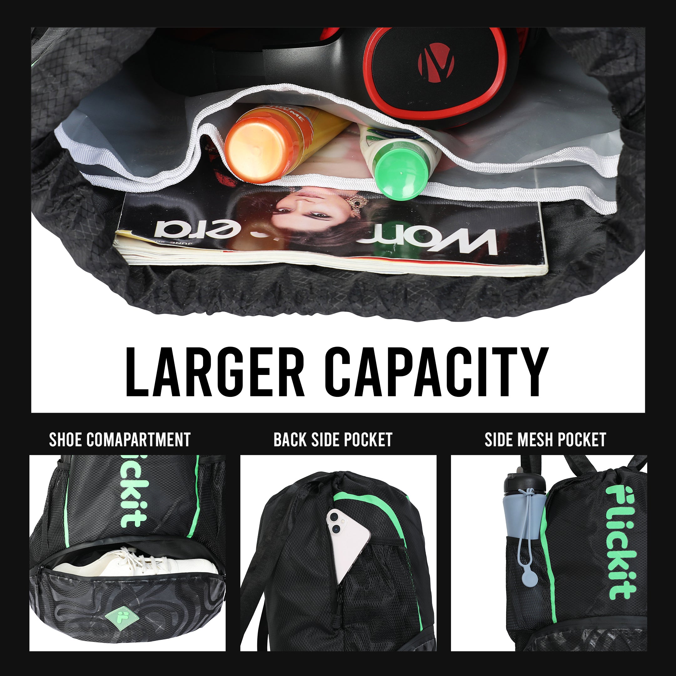 Black backpack with compartments and a magazine, labeled 'Larger Capacity', on a white background.