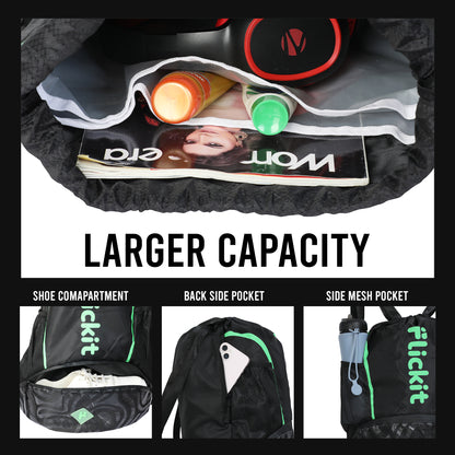Black backpack with compartments and a magazine, labeled 'Larger Capacity', on a white background.