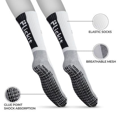 Gray and white socks with black accents, featuring 'Flickit' branding, on a white background.