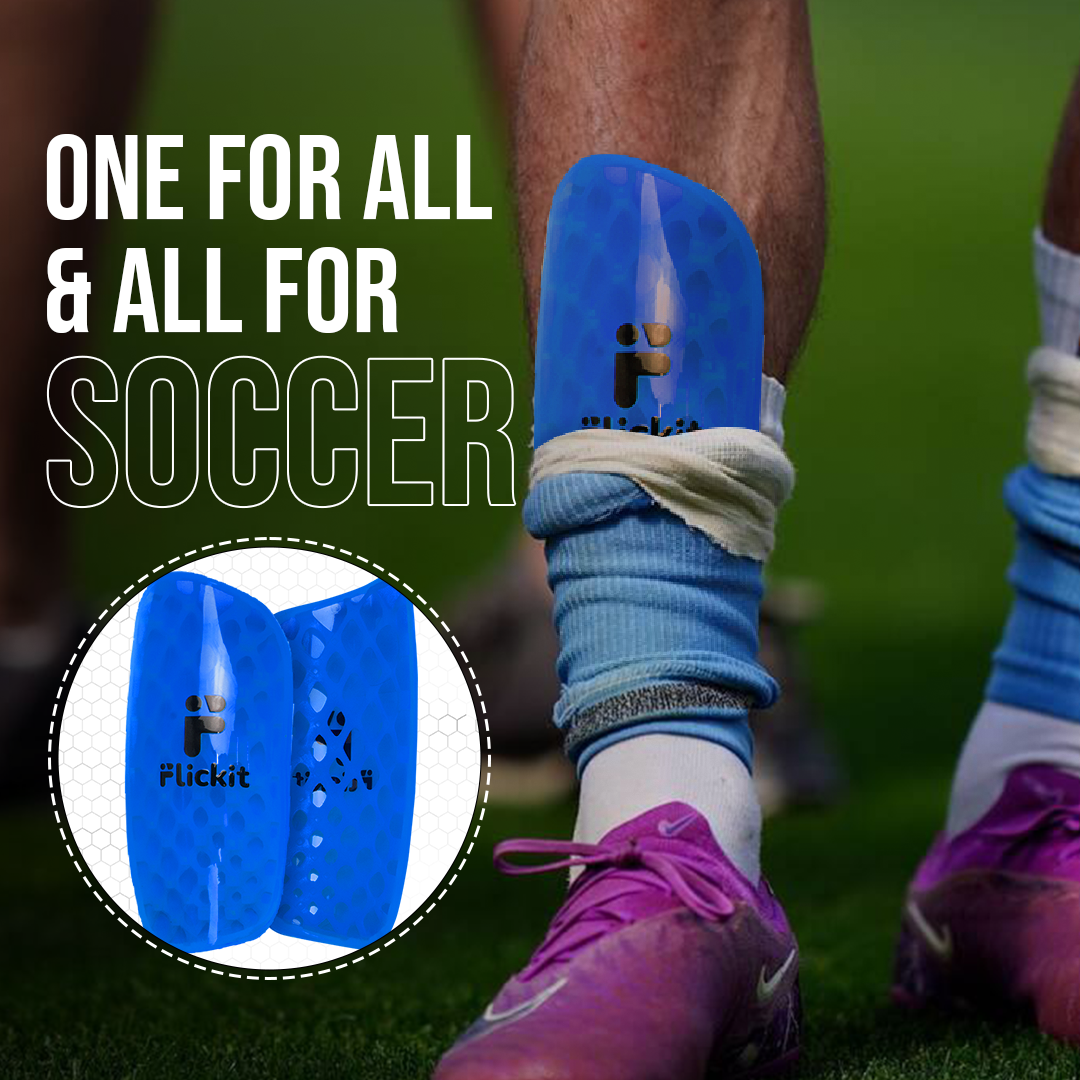 Blue soccer shin guards with a close-up inset on a soccer field background.