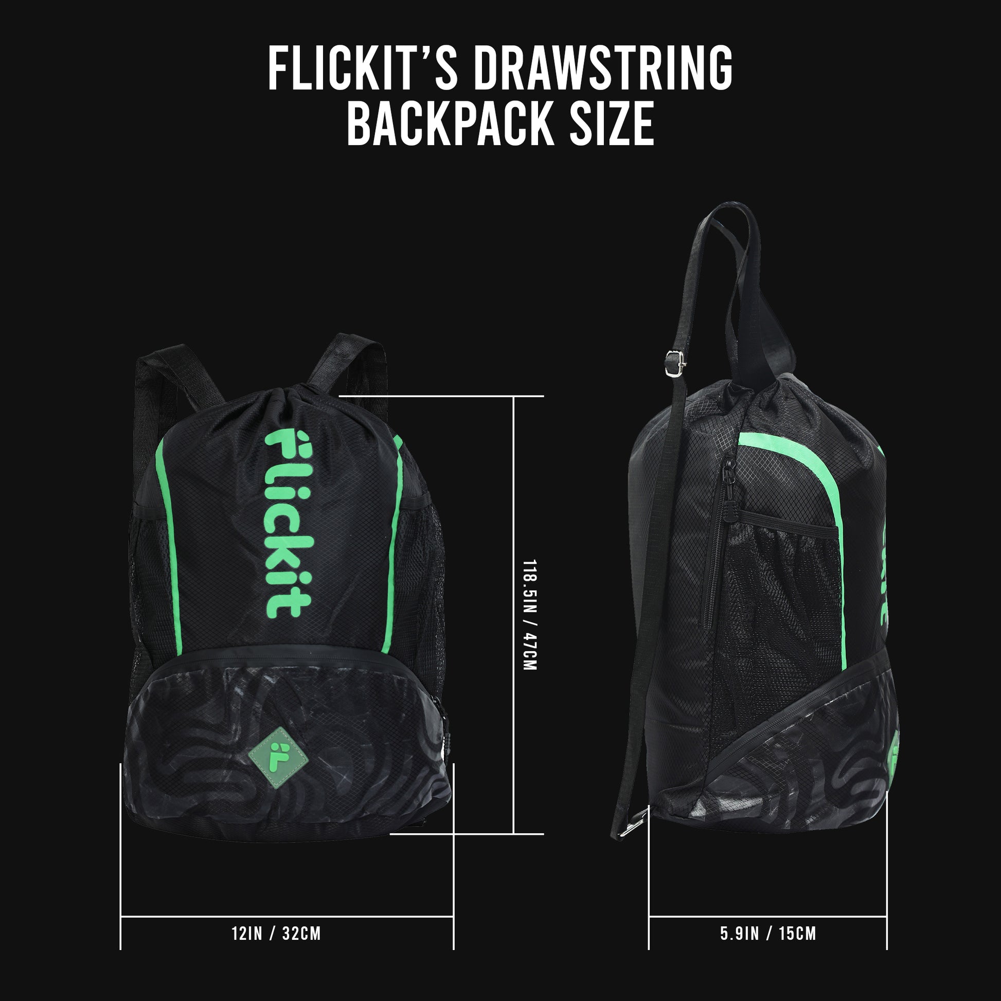 Black drawstring backpack with green accents and 'Flickit' branding, shown open and closed with measurements on a black background.