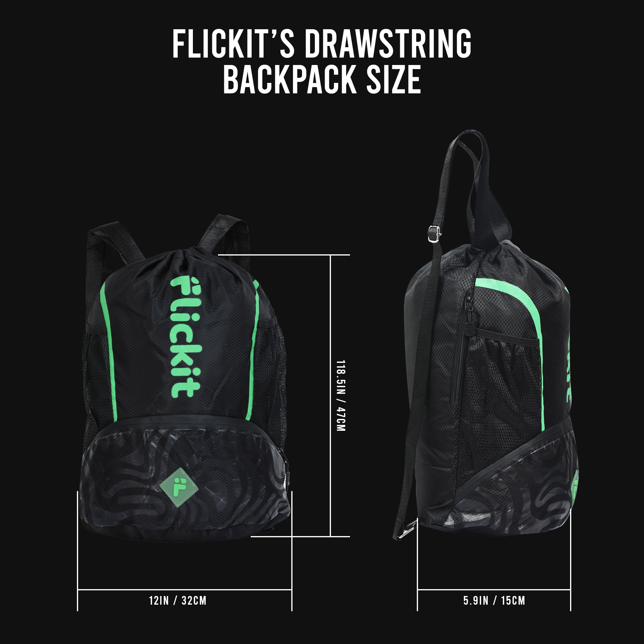 Black drawstring backpack with green accents and 'Flickit' branding, shown open and closed with measurements on a black background.