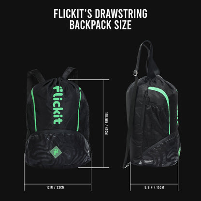 Black drawstring backpack with green accents and 'Flickit' branding, shown open and closed with measurements on a black background.