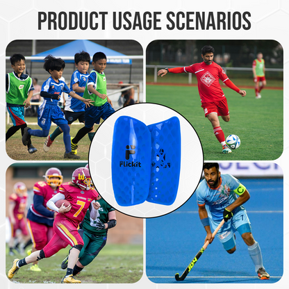 Product usage scenarios with sports activities and a close-up of blue protective gear labeled 'Flickit'.