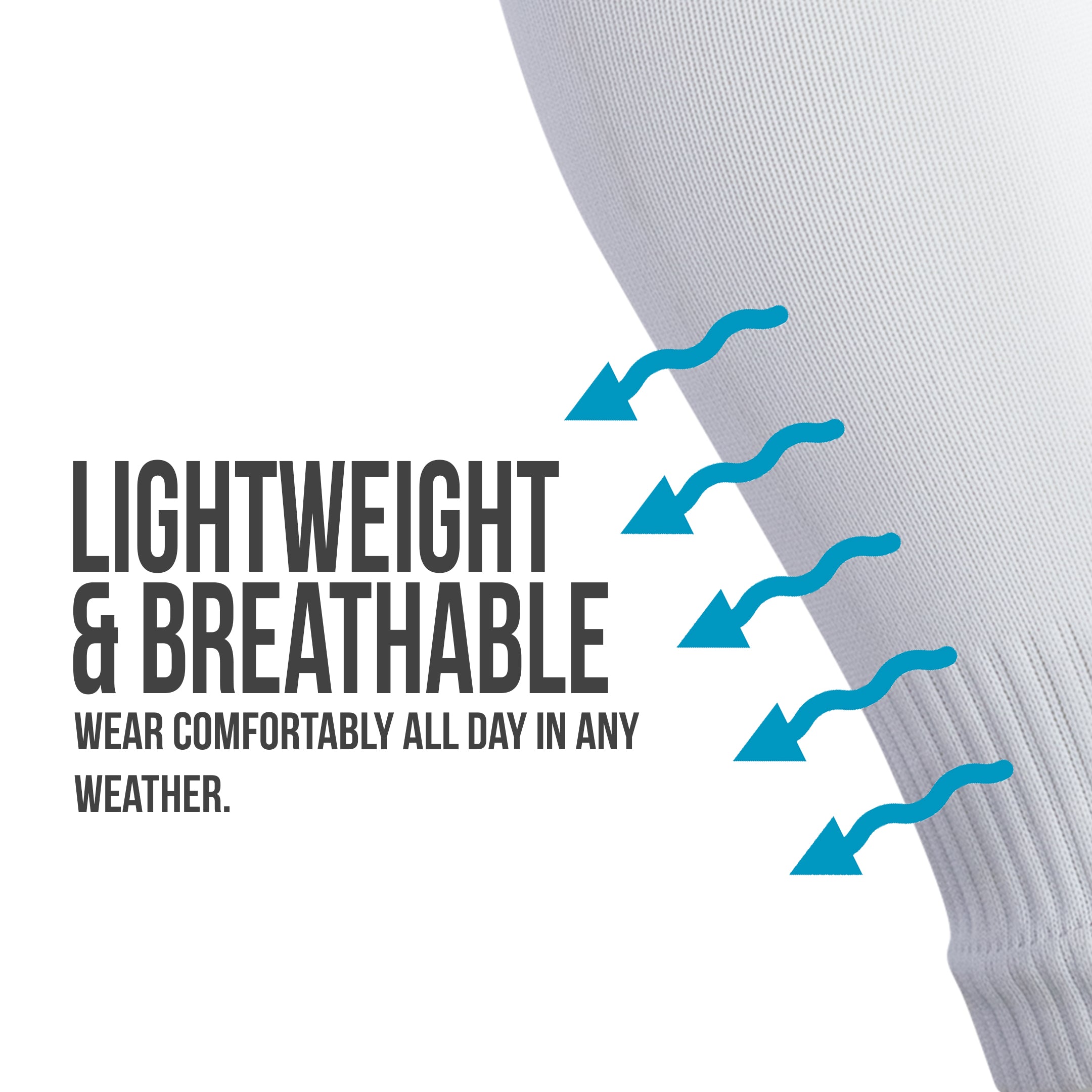 White sock with text 'Lightweight & Breathable' and arrows pointing to the fabric, on a white background.