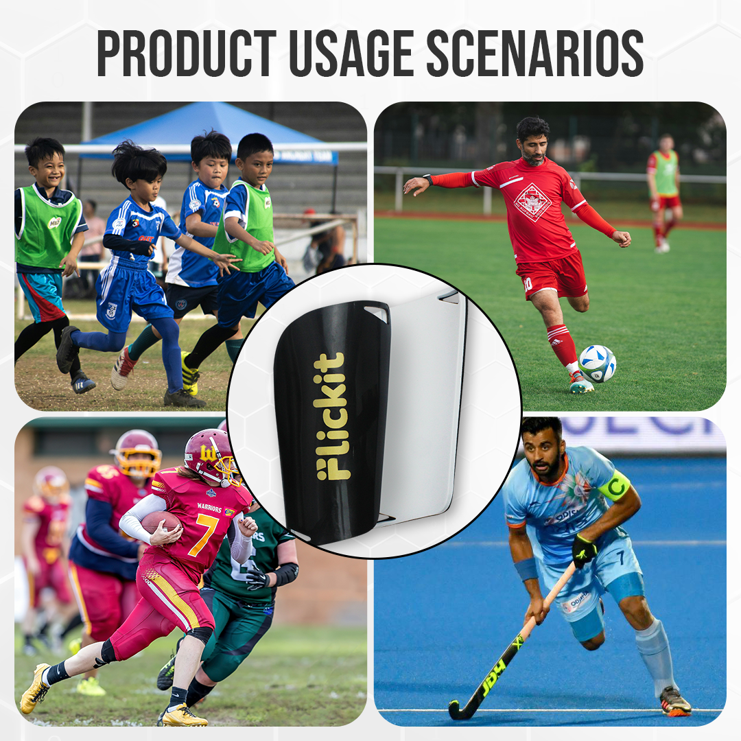 Product usage scenarios with sports activities and a close-up of 'Flickit' device.