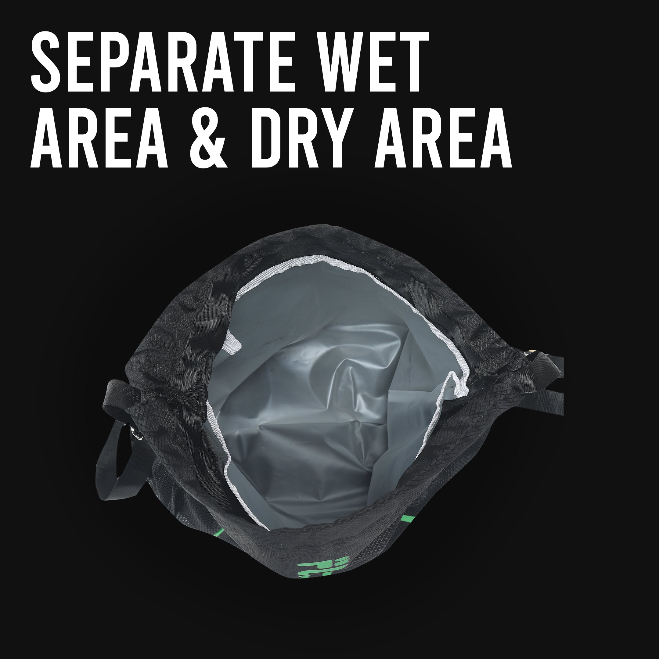 Black bag with a transparent flap on a black background with text 'SEPARATE WET AREA & DRY AREA'.