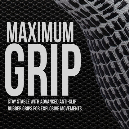 Text 'Maximum Grip' with a close-up of textured material, likely rubber, on a black background.