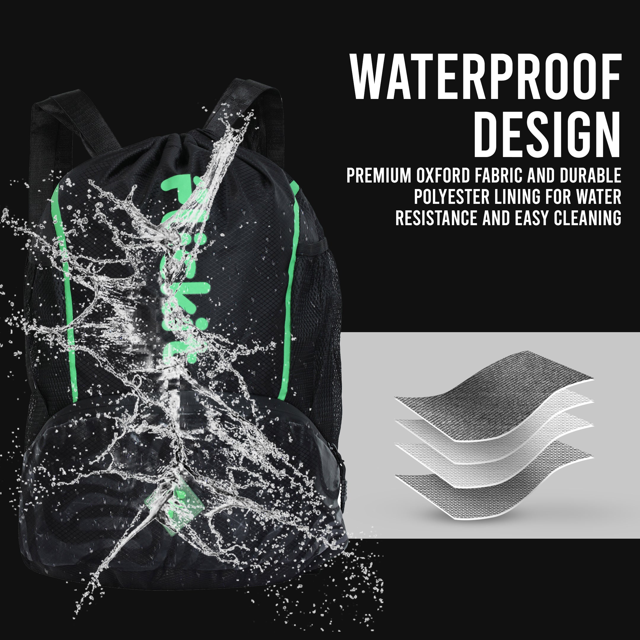 Black backpack with green accents being splashed by water, with text about waterproof design.