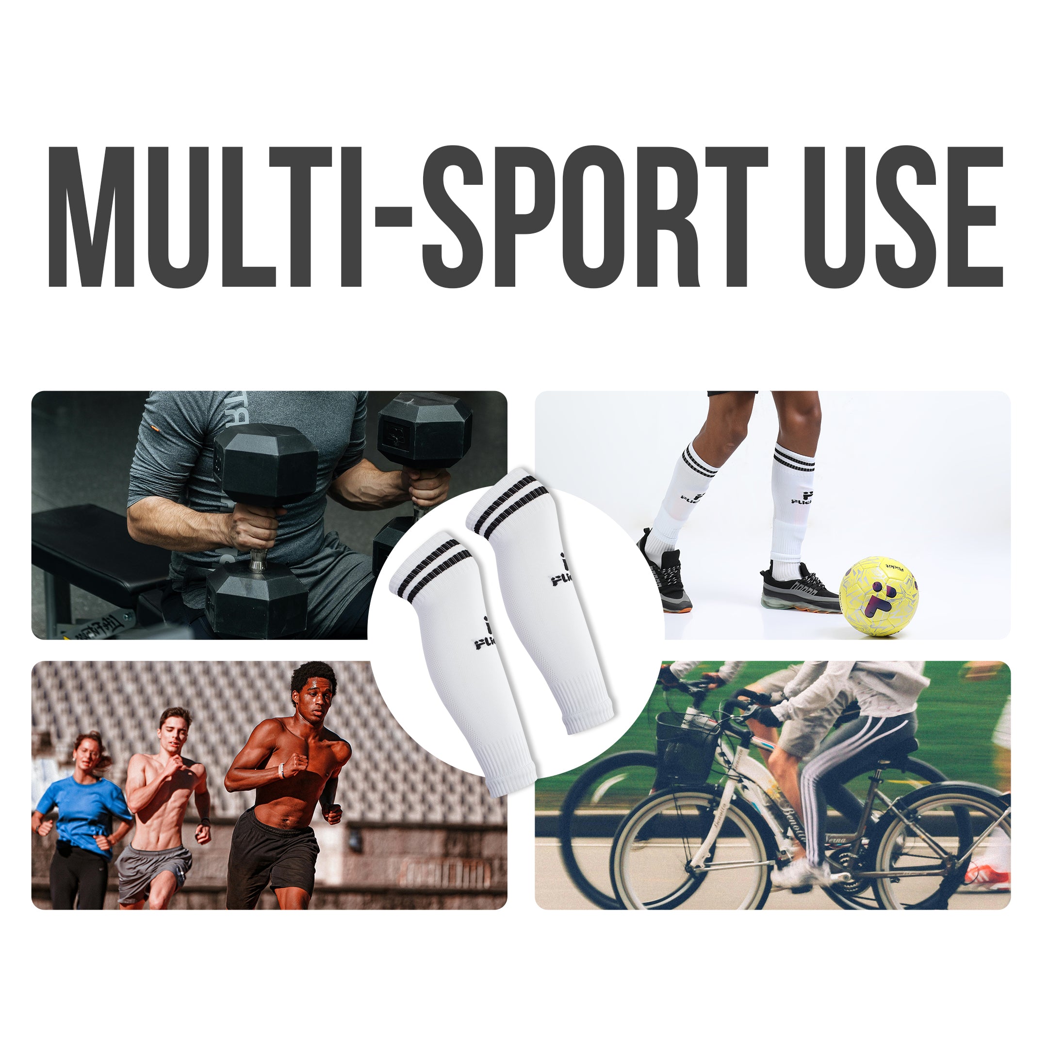 Collage of people exercising with text 'Multi-Sport Use' and images of sports activities.